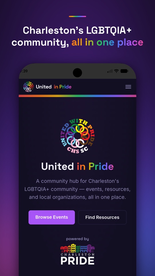 The United in Pride app home screen